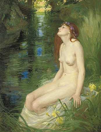 旁边的仙女有游泳池`A nymph beside a pool (1910) by Reginald Granville eves.