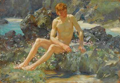 裸体在岩石上`Nude On The Rocks (1927) by Henry Scott Tuke