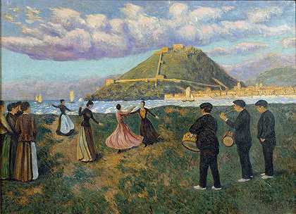 巴斯克庆典（在埃尔安提瓜，圣塞巴斯蒂安舞）`Basque Celebration (dance at El Antiguo, San Sebastián) (circa 1890) by Darío de Regoyos