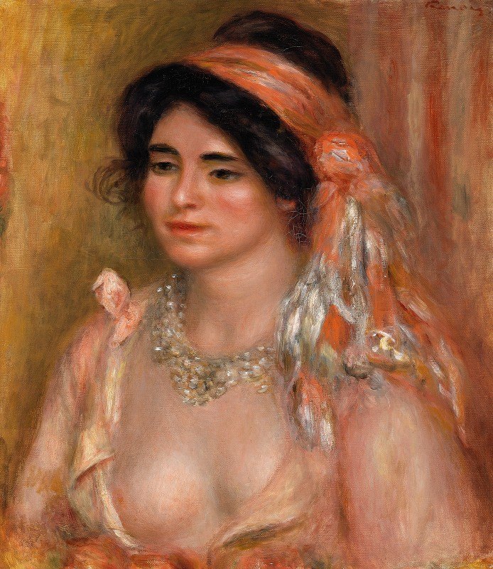 有黑发的妇女（有黑发，胸象的少妇）`
Woman with Black Hair (Jeune femme avec cheveux noirs, buste) (c. 1911)  by Pierre-Auguste Renoir