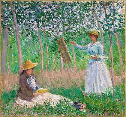 在吉维尼 – 白色霍氏的树林里，她的画架与SuzanneHoschedé读书`In The Woods At Giverny Blanche Hoschedé At Her Easel With Suzanne Hoschedé Reading by Claude Monet