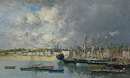 在港口的船在港口，波特`Bateaux À Lancre Dans Le Port, Portrieux (1873) by Eugène Boudin