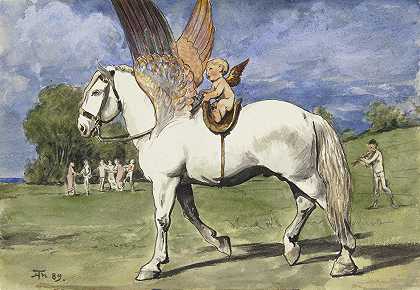 在Pegasus上的小天使`Cherub on Pegasus (1889) by Hans Thoma