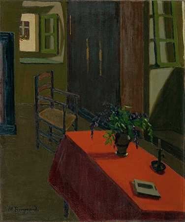 与紫藤的红色桌子`Red Table With Wisteria (1920) by Marius Borgeaud