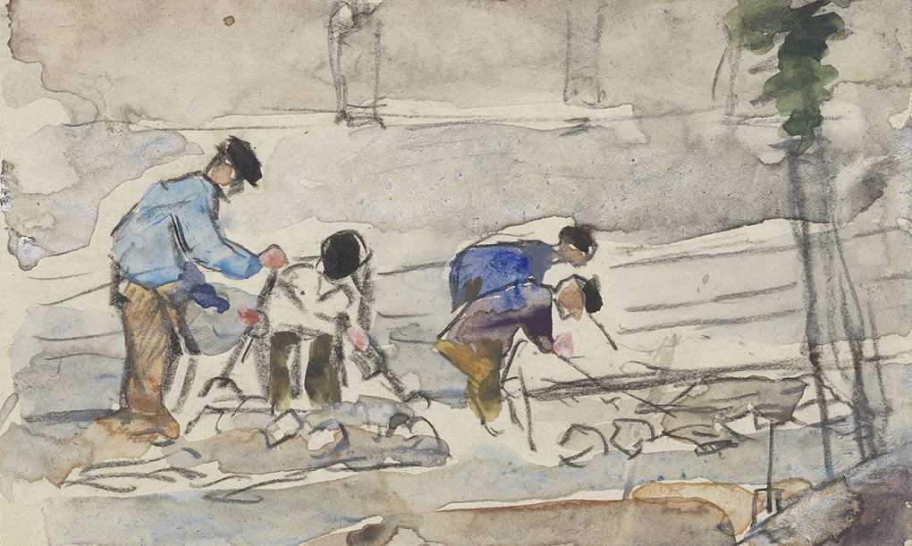 `Vier werklieden bezig met grondwerkzaamheden (1860 1921) -