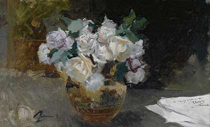 罗莎布兰纳斯（白玫瑰花束）的Bodegon`Bodegon De Rosas Blancas (Bouquet Of White Roses) by Joaquín Sorolla