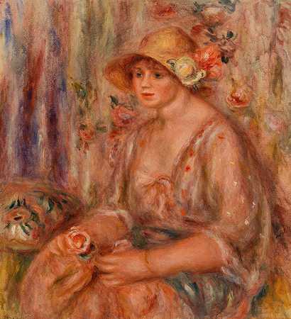 柔滑的妇女在柔滑的妇女（妇女在柔滑的妇女穿戴）`Woman in Muslin Dress (Femme en robe de mousseline) (1917) by Pierre-Auguste Renoir