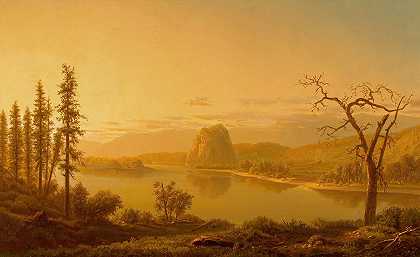 哥伦比亚河，俄勒冈州的入口，与雄鸡岩石超越`Entrance of the Columbia River, Oregon, with Rooster Rock Beyond (1870) by William L. Marple