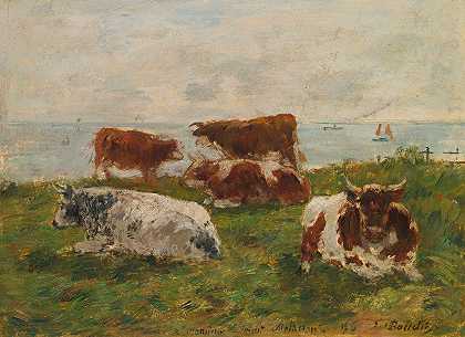 在我的边缘的奶牛`Vaches Au Pré Au Bord De La Me (1896) by Eugène Boudin