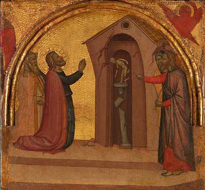 圣约翰福音师会导致异教寺崩溃`Saint John the Evangelist Causes a Pagan Temple to Collapse (ca. 1370) by Francescuccio Ghissi