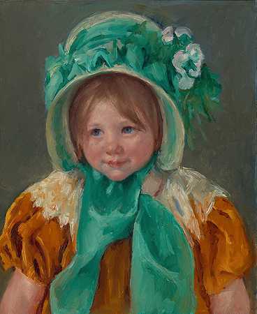 在绿色帽子的萨拉`Sara in a Green Bonnet (ca. 1901) by Mary Cassatt
