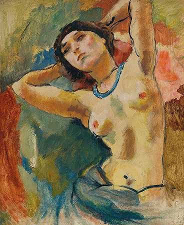 蓝色项链的浅黑肤色的男人`Brune Au Collier Bleu (1922) by Jules Pascin