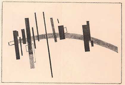 运动的感觉和障碍物`Sensation of the Motion and the Obstacle (1916) by Kazimir Malevich