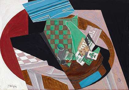 棋盘和扑克牌`Checkerboard and Playing Cards (1915) by Juan Gris