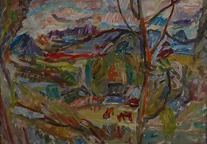 与母牛的山风景`Mountain Landscape with Cows (1937) by Sasza Blonder