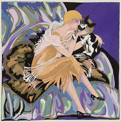 Zittende vrouw将een kat by s. chompre`Zittende vrouw met een kat (1926) by S. Chompré