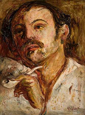 一个人的画象有吸烟的`Portrait of a man with a smoking pipe (1919) by Tadeusz Makowski