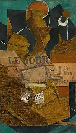 烟草，日记和瓶葡萄酒`Tabac, Journal Et Bouteille De Vin Rosé (1914) by Juan Gris