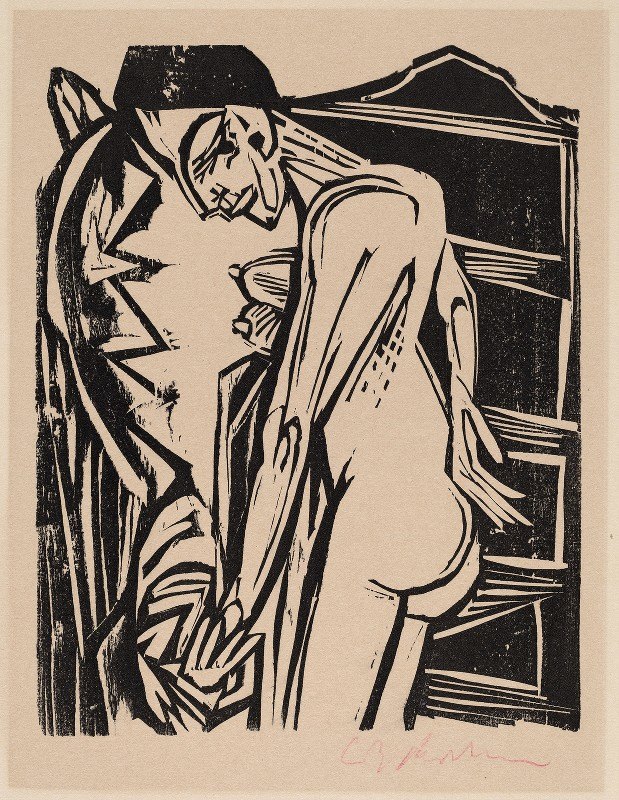 橱柜前女性裸体`Female Nude Before a Cabinet (1916) by Ernst Ludwig Kirchner
