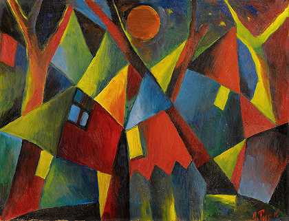 Gelbroter MondÜberStürzendenHäusern（黄色月亮在翻滚房屋）`Gelbroter Mond Über Stürzenden Häusern (Yellow Moon Over Tumbling Houses) (1919) by Arnold Topp