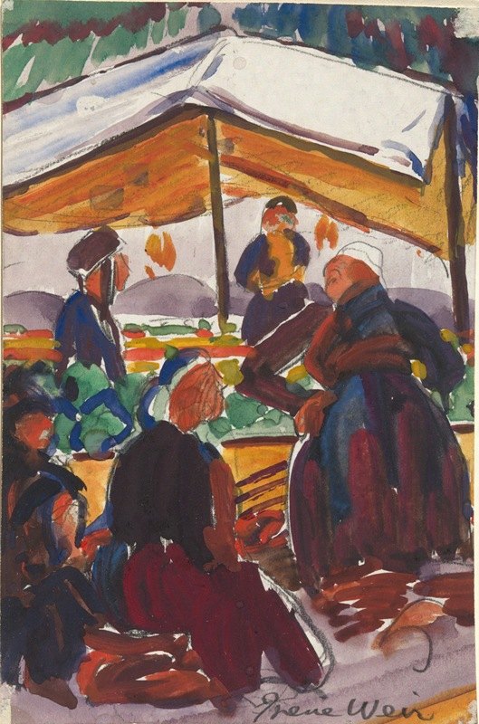 妇女在市场摊位，Chinon，法国`
Women in the Market Stalls, Chinon, France (ca. 1923)  by Irene Weir
