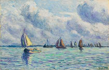 鹿在鹿特丹的船上`Bateaux Sur La Meuse À Rotterdam (1909) by Maximilien Luce