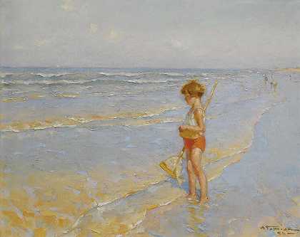 在沙滩上玩`Playing on the beach by Charles Atamian