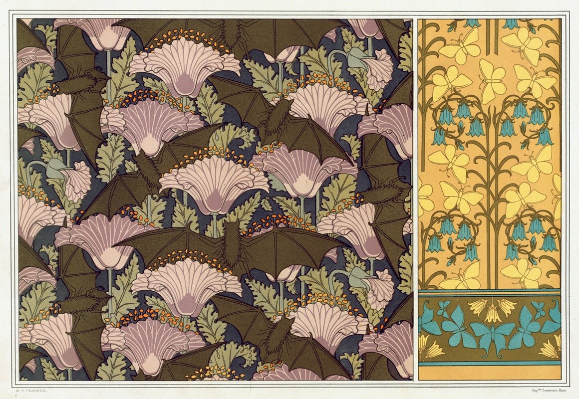 `Chauves`souris et pavots, tenture. Papillons et campanules, papier peint. (1897) -