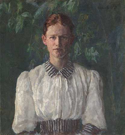 画家赫尔加戒指的肖像`Portrait of the Painter Helga Ring (1890) by Signe Scheel