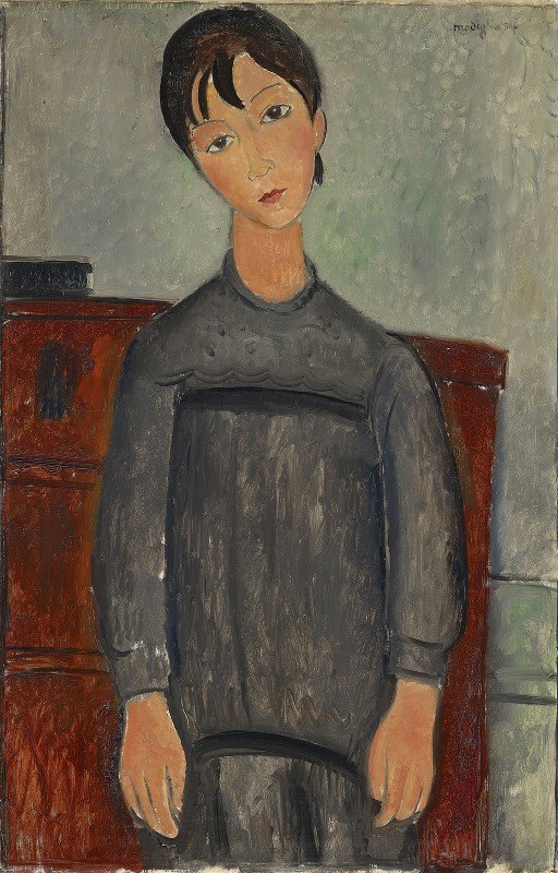 站立在黑孔仔覆光的女孩`
Girl Standing In Black Pinafore (1918)  by Amedeo Modigliani