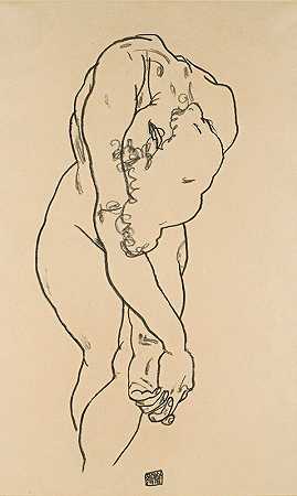 弯曲的女人头鞠躬和横渡的手`Bending Woman With Head Bowed And Crossed Hands (1918) by Egon Schiele