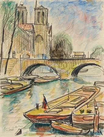 Notre-Dame和Saint-Michel Bridge`Notre~Dame et le pont Saint~Michel (1932) by Pierre de Belay