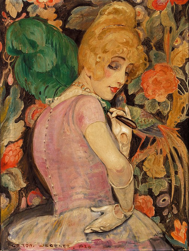 `Portræt af Lili Elbe med grøn fjervifte (1920) -