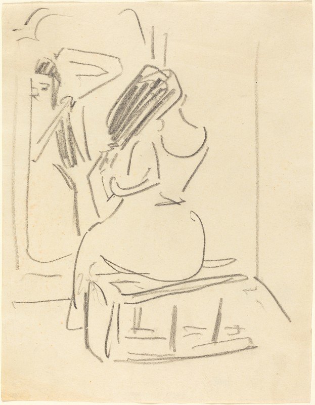 梳她的头发在镜子前面的妇女`
A Woman Combing Her Hair in Front of a Mirror by Ernst Ludwig Kirchner