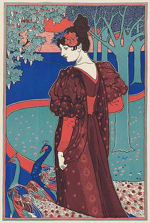 有孔雀的妇女（孔雀妇女）`Woman with Peacocks (La Femme au Paon) (ca. 1897) by Louis Rhead