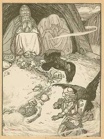 我在我洞穴之前的小洞穴，其中两个巨人，教皇和异教徒，Dwelt。`I espied a little before me a cave, where two giants, pope and pagan, dwelt. (1898) by George Woolliscroft Rhead