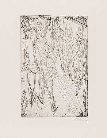 StraßenszeneMit Hundchen – DieVorübergehenden`Straßenszene mit Hündchen – Die Vorübergehenden (1914) by Ernst Ludwig Kirchner