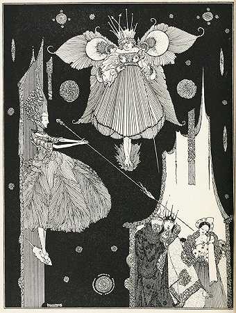 在这个时刻，年轻的仙女从笼子后面出来了`At this very instant the young fairy came out from behind the hangings (1922) by Harry Clarke