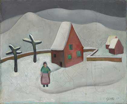 Winterlandschaft Mit Rotem Haus`Winterlandschaft mit rotem Haus (1922) by Emanuel Schöttli