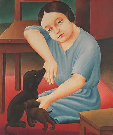 MädchenMitHunden.`Mädchen mit Hunden (1922) by Georg Schrimpf