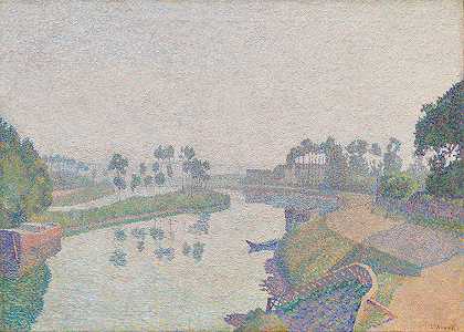 黎明时的宽松岸边`Banks of the Oise at Dawn (1888) by Louis Hayet