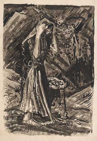 有一袋土豆的常设妇女`Standing Woman with a Bag of Potatoes (1985) by Arnold Peter Weisz-Kubínčan