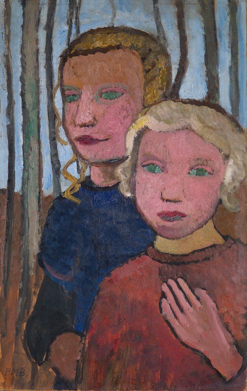 桦树前面的两个女孩`
Two Girls in Front of Birch Trees (c.1905)  by Paula Modersohn-Becker