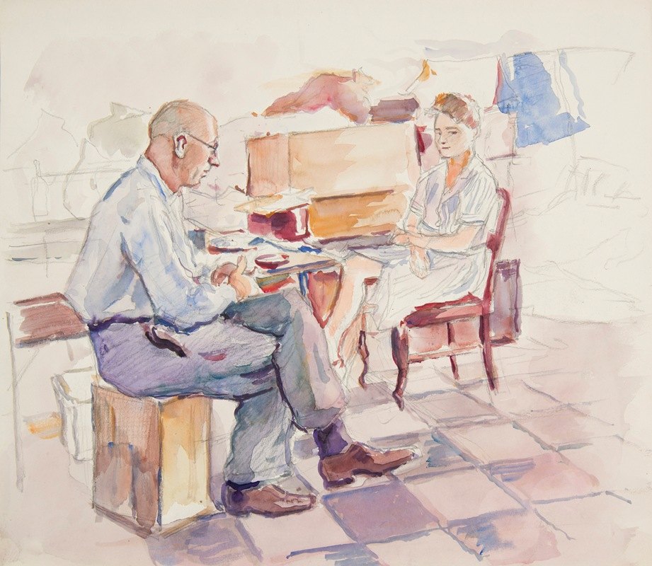 `Studium sceny we wnętrzu – mężczyzna siedzący przy stole i kobieta siedząca na krześle (1944) -