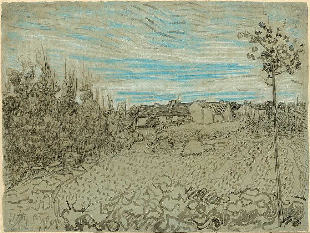 别墅与女人在中间地面工作`
Cottages with a Woman Working in the Middle Ground (1890)  by Vincent van Gogh