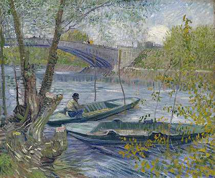 春天钓鱼，克里希桥（Asnières）`Fishing in Spring, the Pont de Clichy (Asnières) (1887) by Vincent van Gogh