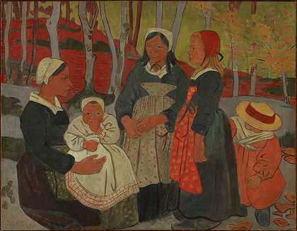 布雷顿在韦尔戈河森林里`Bretons in the Forest of Huelgoat (1893) by Paul Sérusier