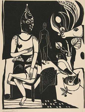 坐着的丑话`Seated Harlequin (1922) by Heinrich Campendonk