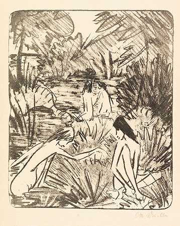 Waldsee Mit Drei Badenden Und EinemSitzendenmädchen2`Waldsee mit drei badenden und einem sitzenden Mädchen 2 (1918) by Otto Mueller