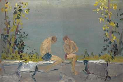 在墙壁上的沐浴男孩在湖`Bathing Boys on a Wall at a Lake (1915) by Ernst Schiess